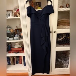 Xscape Off-Shoulder Navy Maxi Dress